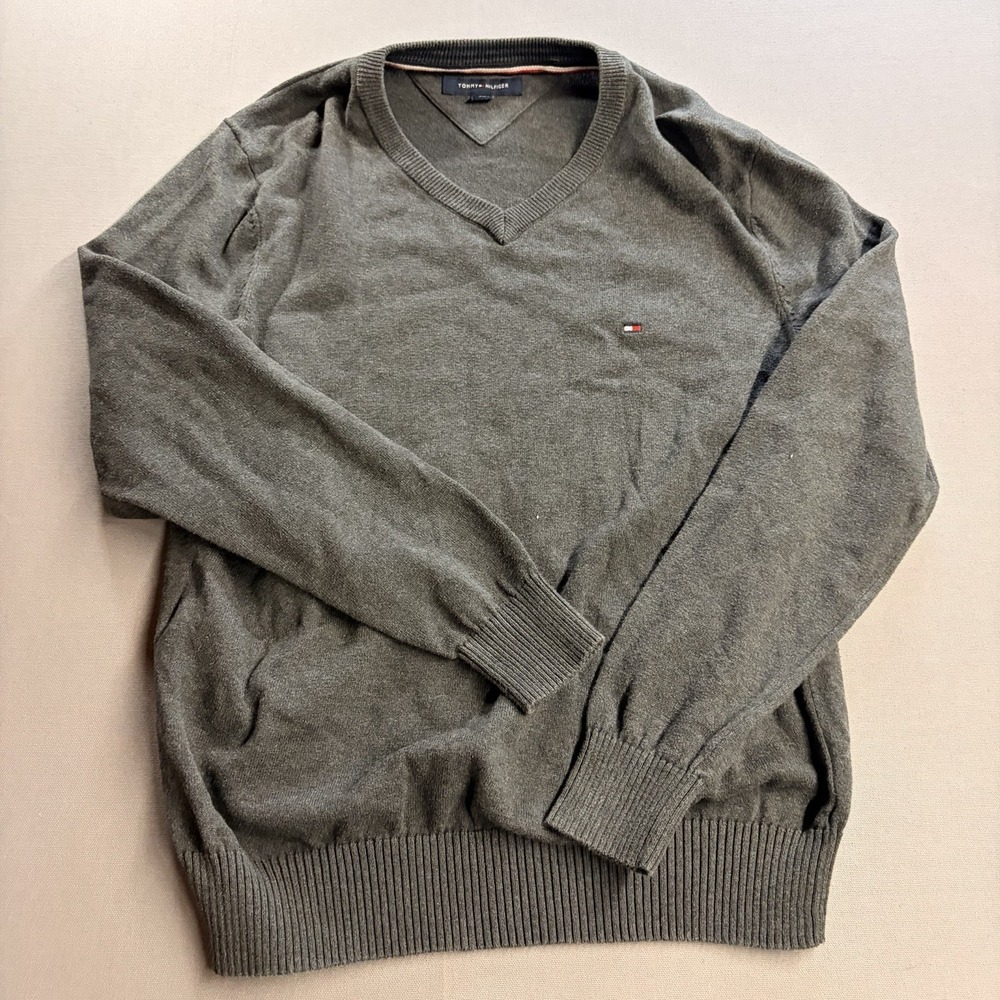 Tommy Hilfiger Womens SP Gray V Neck Cotton Sweater Logo Preppy Classic
